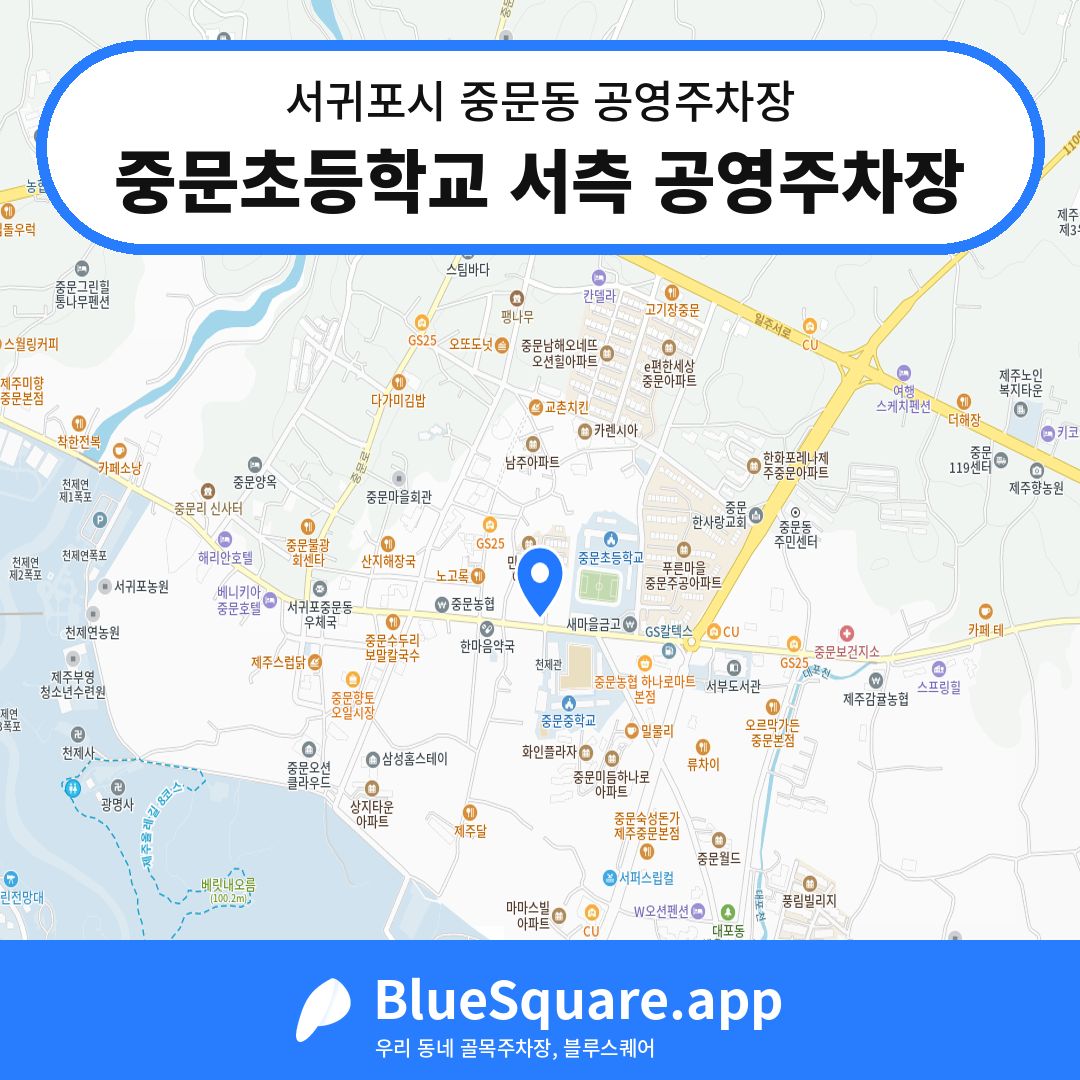 중문초등학교 서측 공영주차장 위치 지도 — 제주 서귀포시 중문동 | 블루스퀘어 주차