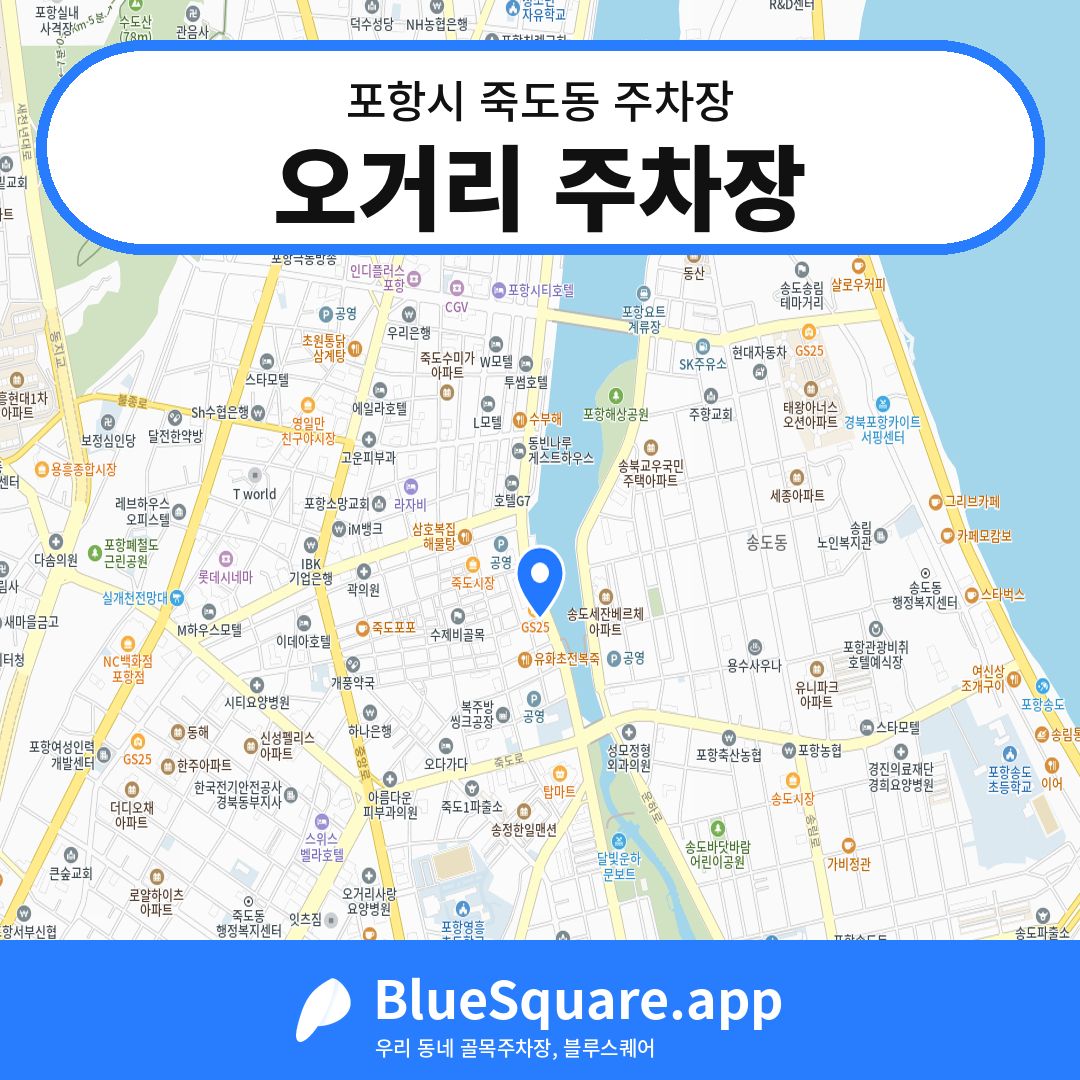 오거리 주차장 위치 지도 — 경북 포항시 죽도동 | 블루스퀘어 주차