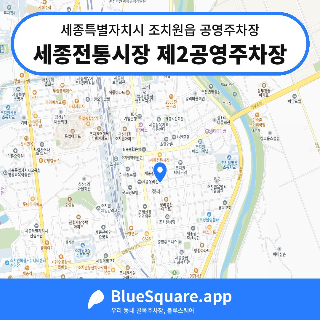 세종전통시장 제2공영주차장 위치 지도 — 세종 세종특별자치시 조치원읍 | 블루스퀘어 주차