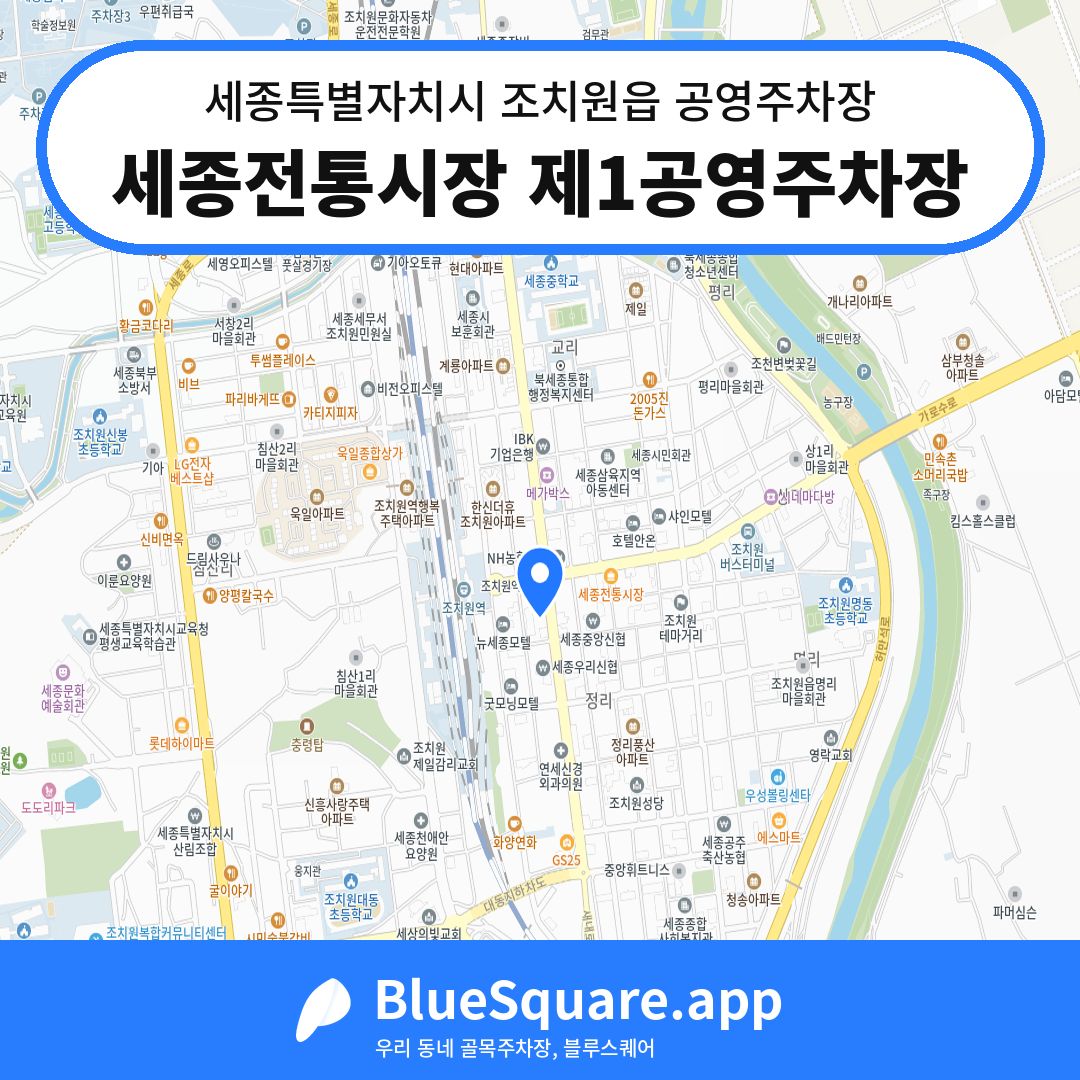세종전통시장 제1공영주차장 위치 지도 — 세종 세종특별자치시 조치원읍 | 블루스퀘어 주차
