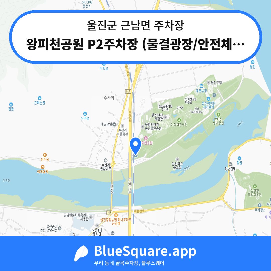 왕피천공원 P2주차장 (물결광장/안전체험관/곤충여행관) 위치 지도 — 경북 울진군 근남면 | 블루스퀘어 주차