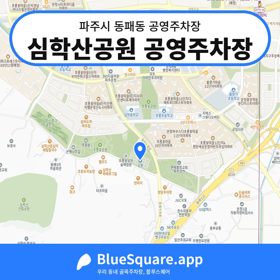심학산공원 공영주차장 위치 지도 — 경기 파주시 동패동 | 블루스퀘어 주차