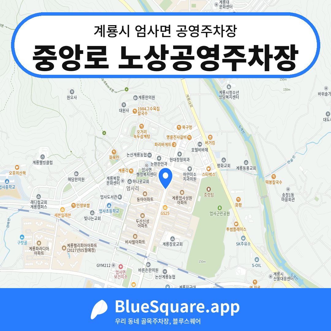 중앙로 노상공영주차장 위치 지도 — 충남 계룡시 엄사면 | 블루스퀘어 주차