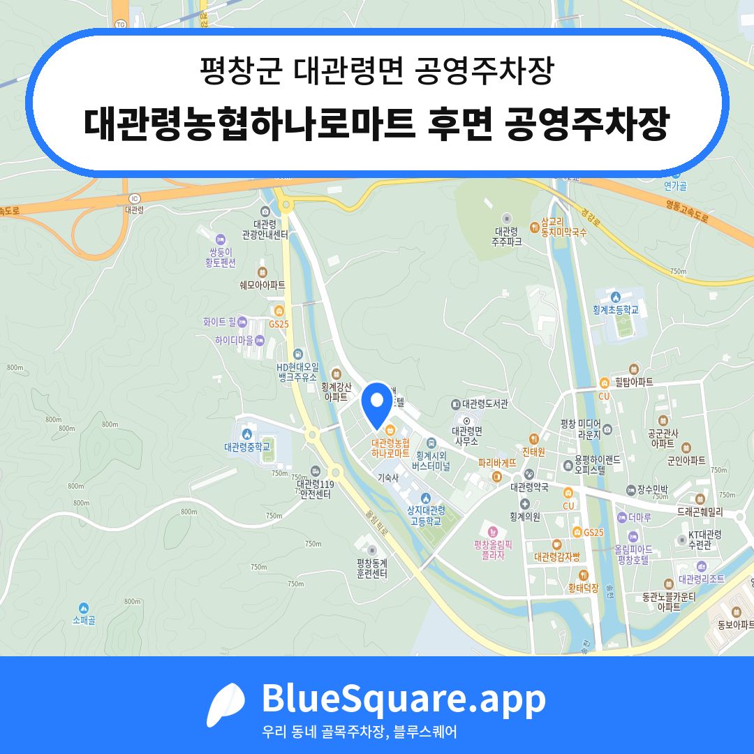 대관령농협하나로마트 후면 공영주차장 위치 지도 — 강원 평창군 대관령면 | 블루스퀘어 주차