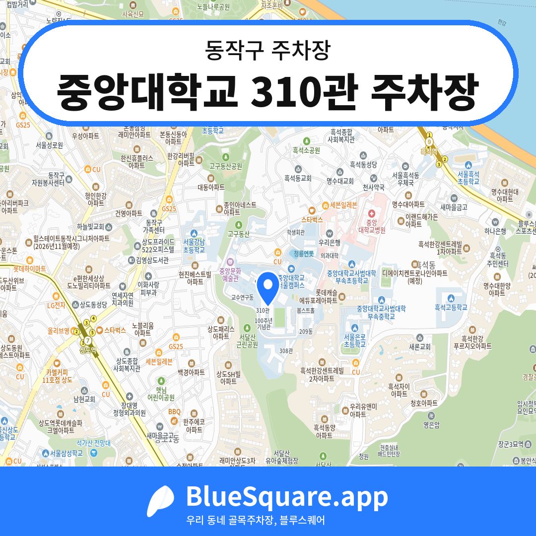 중앙대학교 310관 주차장 위치 지도 — 서울 동작구 | 블루스퀘어 주차