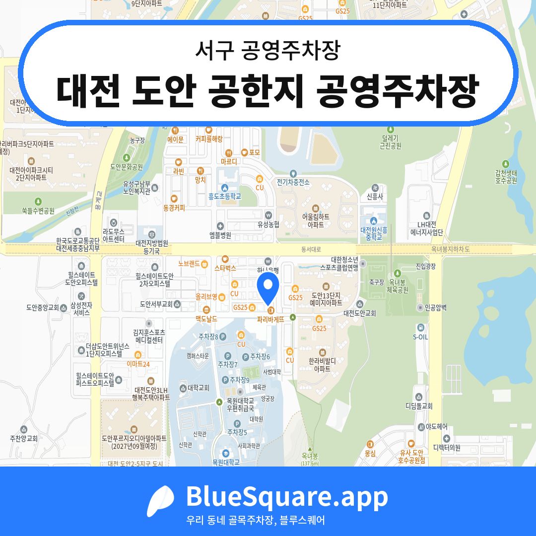 대전 도안 공한지 공영주차장 위치 지도 — 대전 서구 | 블루스퀘어 주차