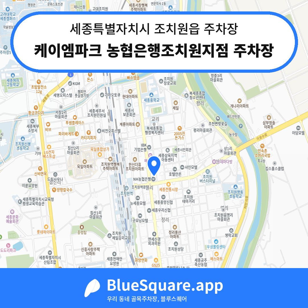 케이엠파크 농협은행조치원지점 주차장 위치 지도 — 세종 세종특별자치시 조치원읍 | 블루스퀘어 주차