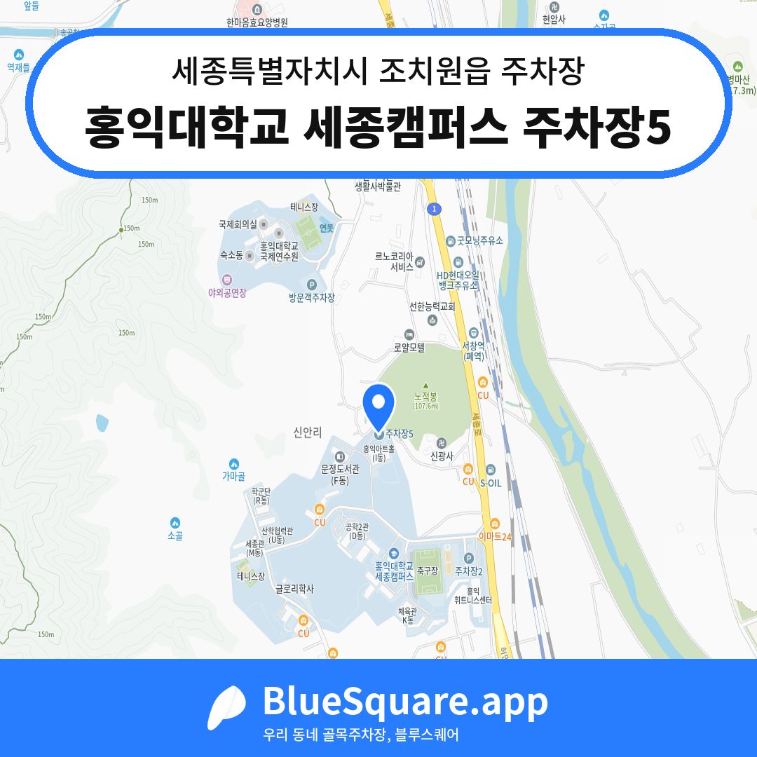 홍익대학교 세종캠퍼스 주차장5 위치 지도 — 세종 세종특별자치시 조치원읍 | 블루스퀘어 주차
