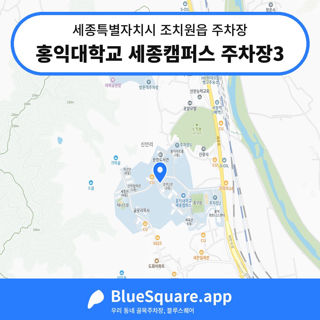 홍익대학교 세종캠퍼스 주차장3 위치 지도 — 세종 세종특별자치시 조치원읍 | 블루스퀘어 주차