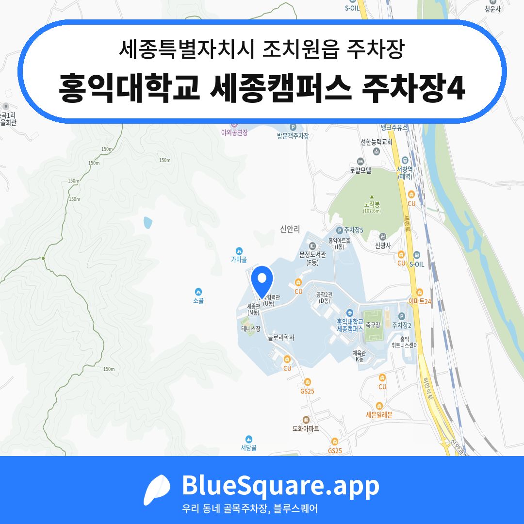홍익대학교 세종캠퍼스 주차장4 위치 지도 — 세종 세종특별자치시 조치원읍 | 블루스퀘어 주차