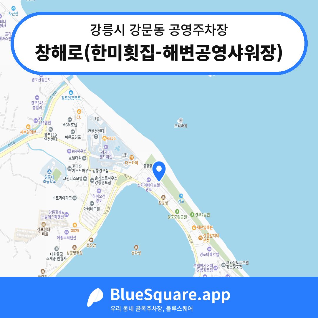 창해로(한미횟집-해변공영샤워장) 위치 지도 — 강원 강릉시 강문동 | 블루스퀘어 주차