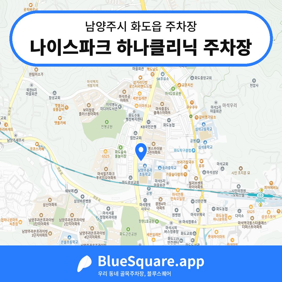 나이스파크 하나클리닉 주차장 위치 지도 — 경기 남양주시 화도읍 | 블루스퀘어 주차
