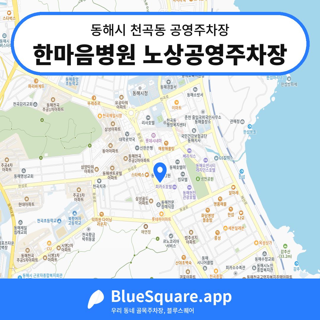 한마음병원 노상공영주차장 위치 지도 — 강원 동해시 천곡동 | 블루스퀘어 주차