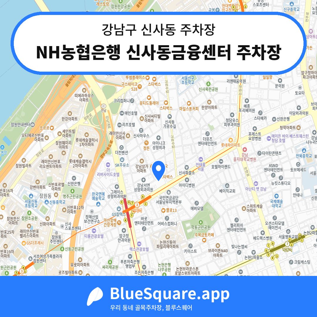 NH농협은행 신사동금융센터 주차장 위치 지도 — 서울 강남구 신사동 | 블루스퀘어 주차
