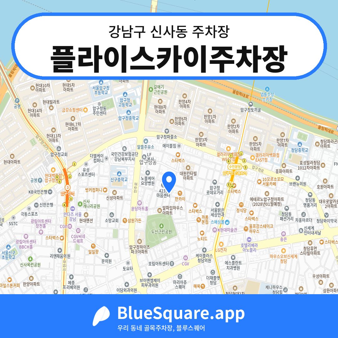 플라이스카이주차장 위치 지도 — 서울 강남구 신사동 | 블루스퀘어 주차