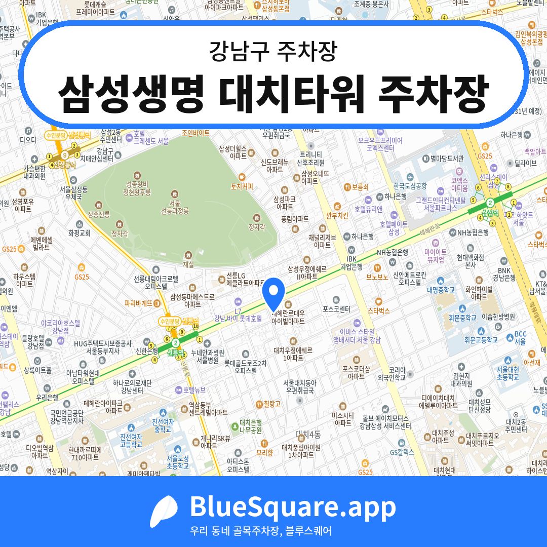 삼성생명 대치타워 주차장 위치 지도 — 서울 강남구 | 블루스퀘어 주차