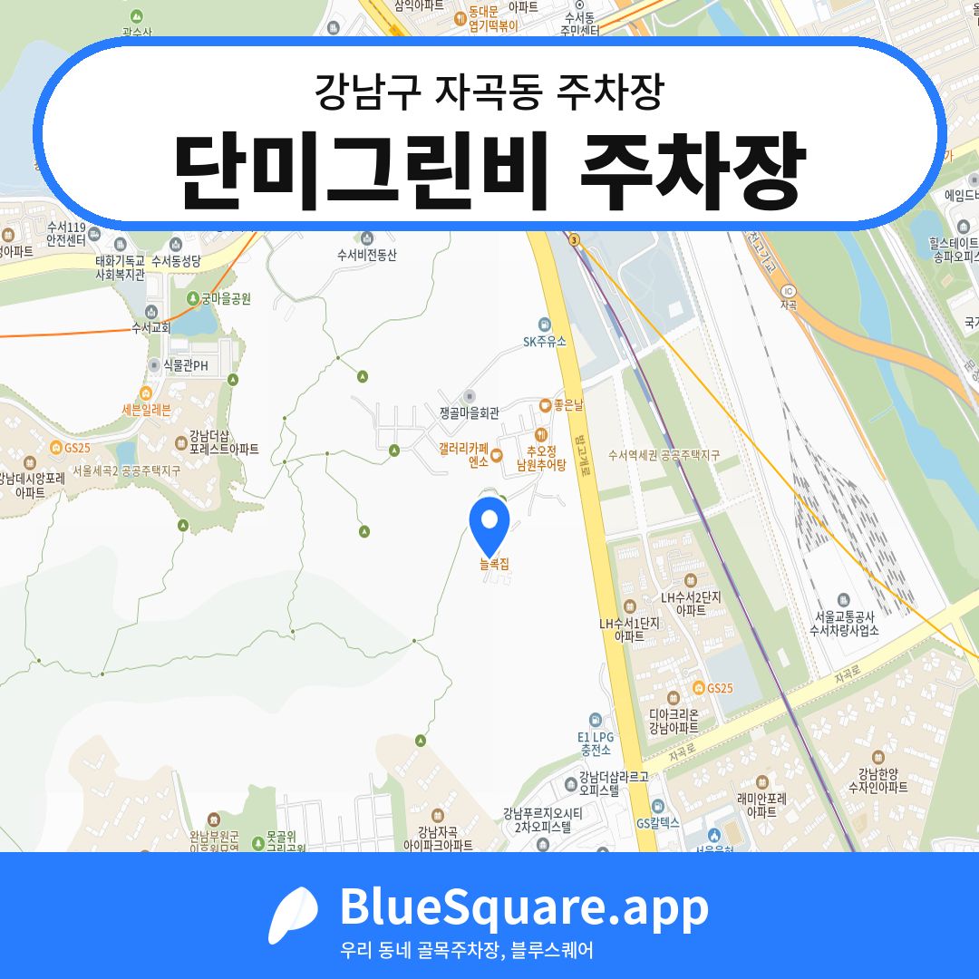 단미그린비 주차장 위치 지도 — 서울 강남구 자곡동 | 블루스퀘어 주차