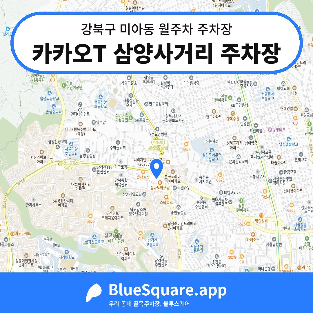 카카오T 삼양사거리 주차장 위치 지도 — 서울 강북구 미아동 | 블루스퀘어 주차