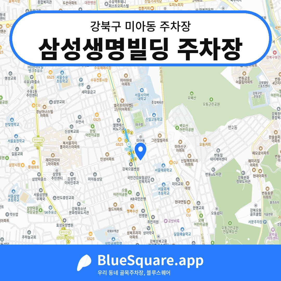 삼성생명빌딩 주차장 위치 지도 — 서울 강북구 미아동 | 블루스퀘어 주차