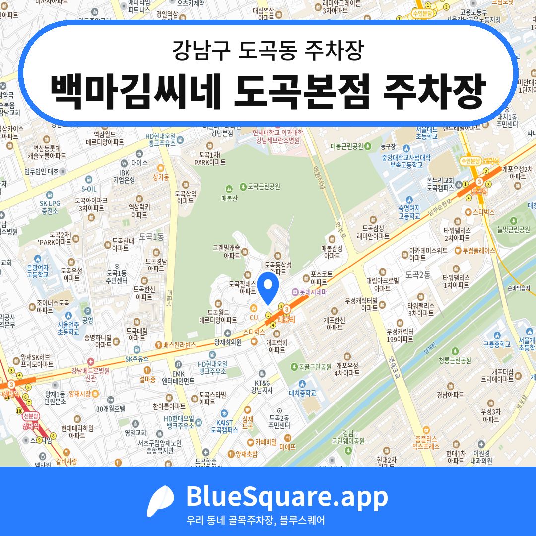 백마김씨네 도곡본점 주차장 위치 지도 — 서울 강남구 도곡동 | 블루스퀘어 주차