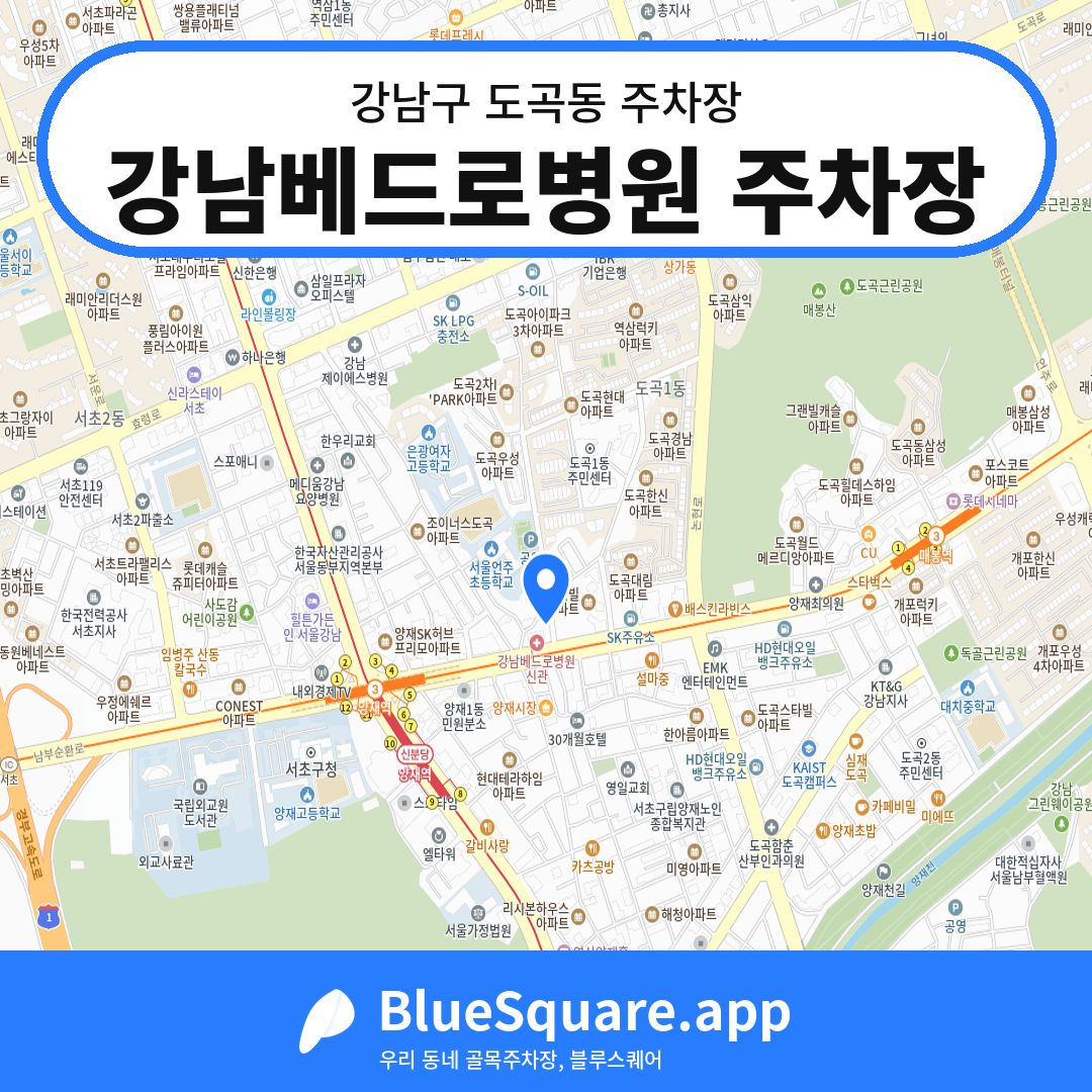 강남베드로병원 주차장 위치 지도 — 서울 강남구 도곡동 | 블루스퀘어 주차