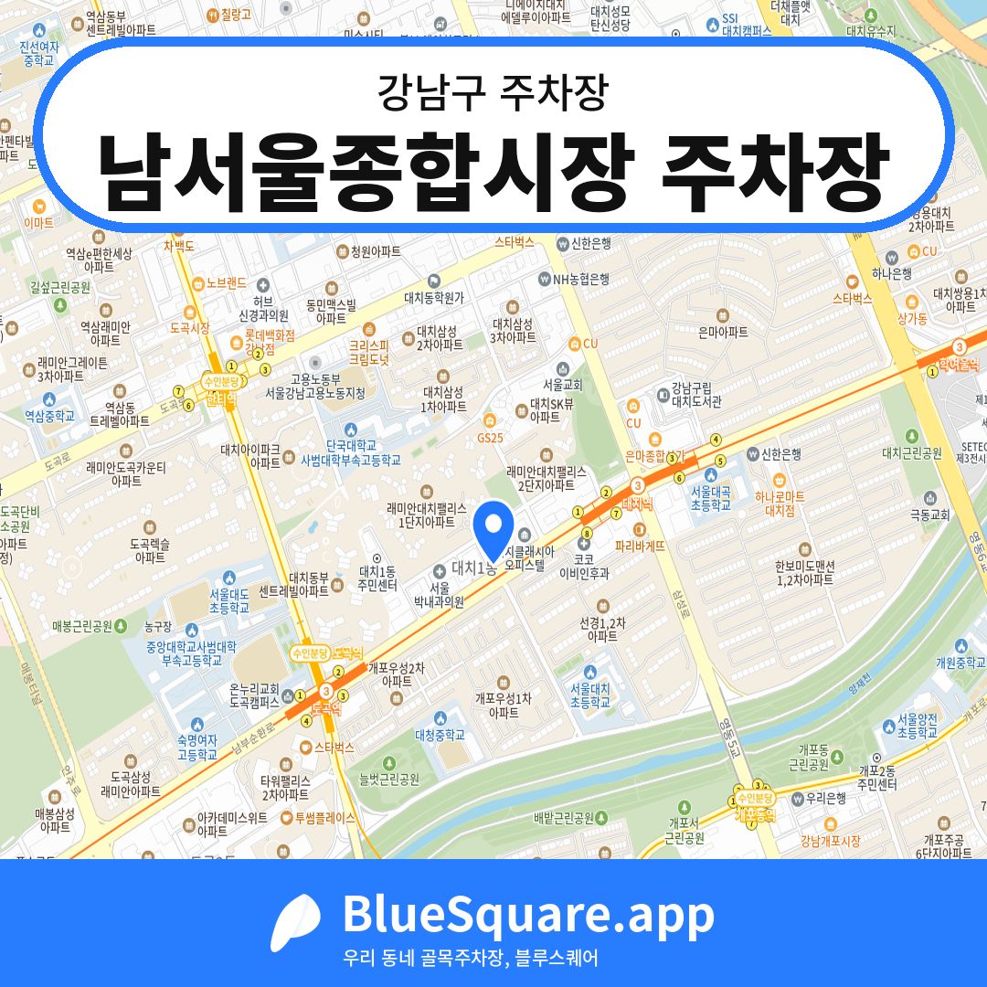 남서울종합시장 주차장 위치 지도 — 서울 강남구 | 블루스퀘어 주차