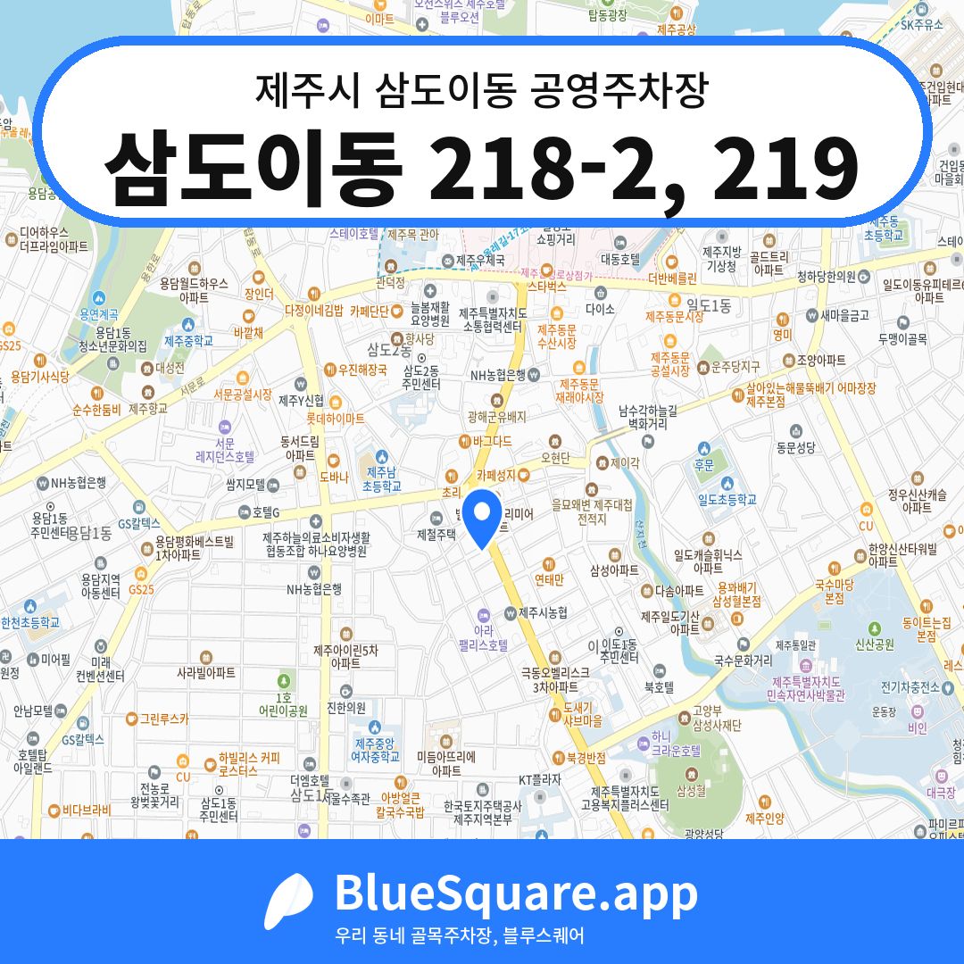 삼도이동 218-2, 219 위치 지도 — 제주 제주시 삼도이동 | 블루스퀘어 주차
