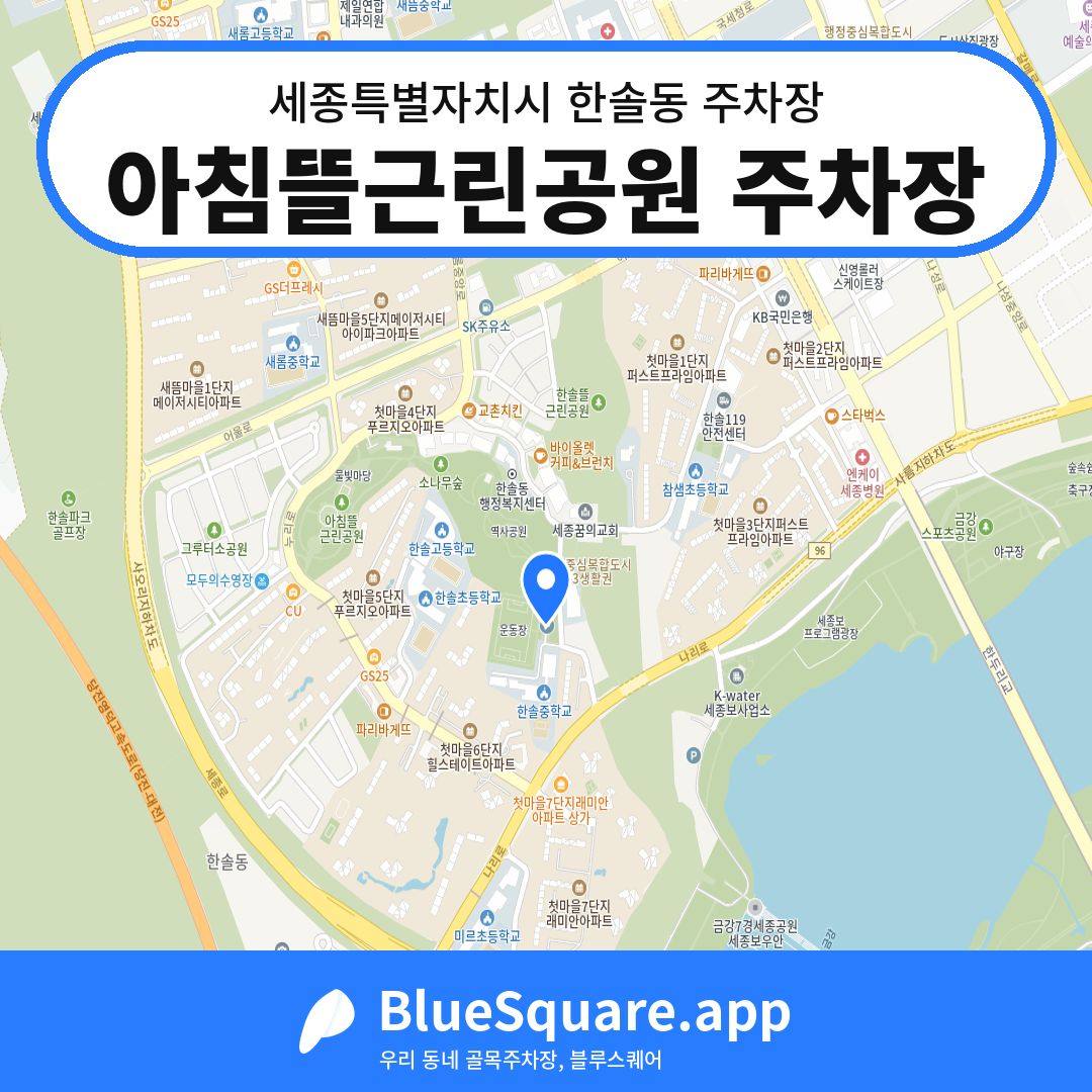아침뜰근린공원 주차장 위치 지도 — 세종 세종특별자치시 한솔동 | 블루스퀘어 주차