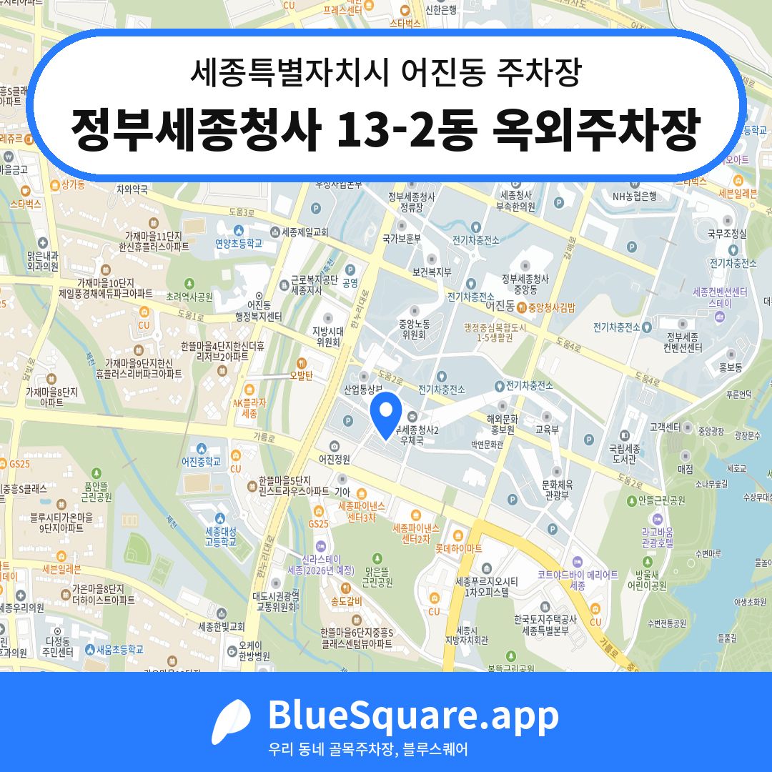 정부세종청사 13-2동 옥외주차장 위치 지도 — 세종 세종특별자치시 어진동 | 블루스퀘어 주차