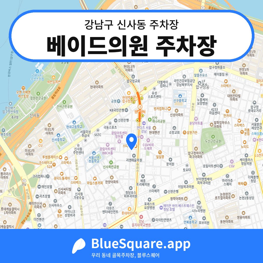 베이드의원 주차장 위치 지도 — 서울 강남구 신사동 | 블루스퀘어 주차
