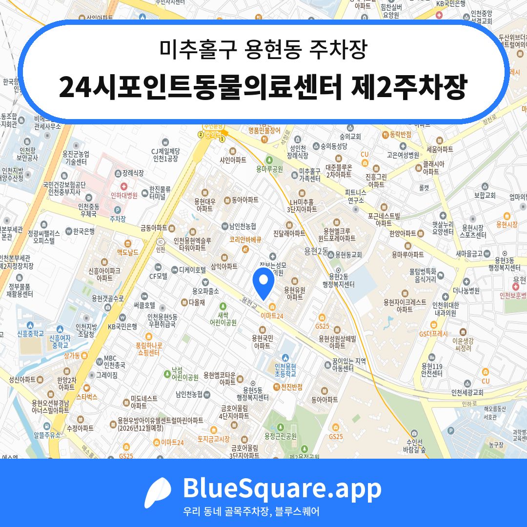 24시포인트동물의료센터 제2주차장 위치 지도 — 인천 미추홀구 용현동 | 블루스퀘어 주차